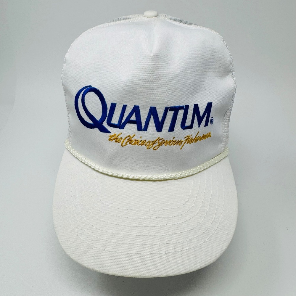VTG Quantum Fishing Hat Mens White Mesh Snapback Trucker Cap Serious Fishermen‎